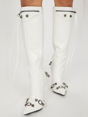 (D-4830) Women's White Knee - High Pointed Stiletto Boots Sz 8